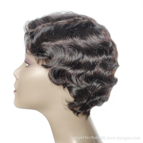 Short Human Hair Wigs  Machine Made Ocean Wave Natural Color 8Inches 100g Virgin Hair Wig